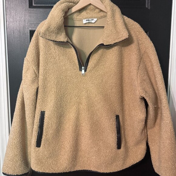 Double Zero Womens Fleece Sweatshirt Faux Leather Trim Tan Black Large - Picture 1 of 3